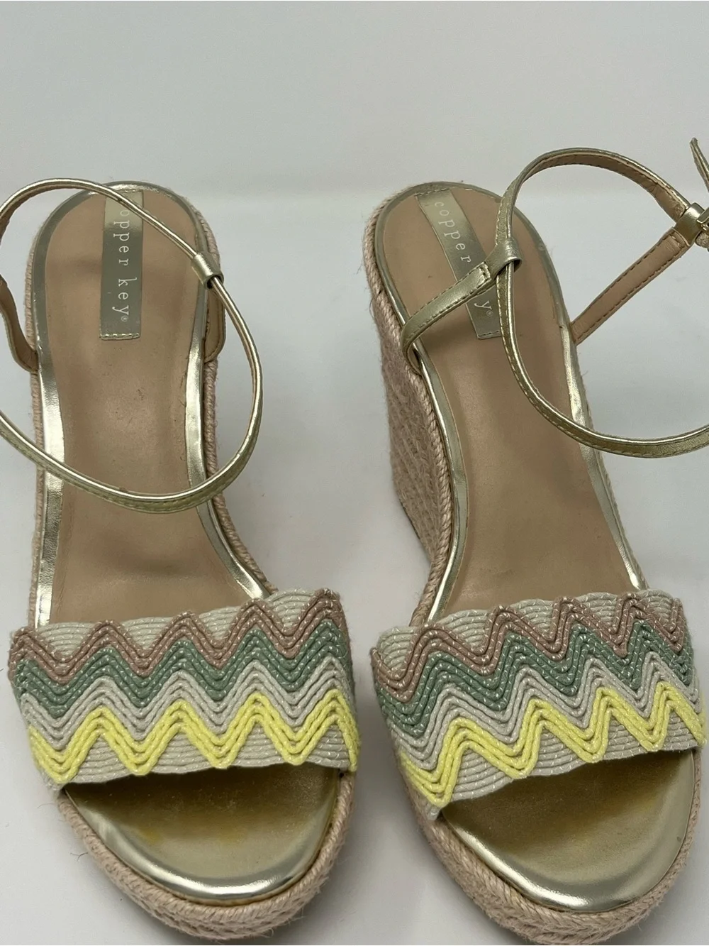 Copper Key Espadrille Wedge Sandals Size 9.5 Pastel Chevron Platform Heels Boho